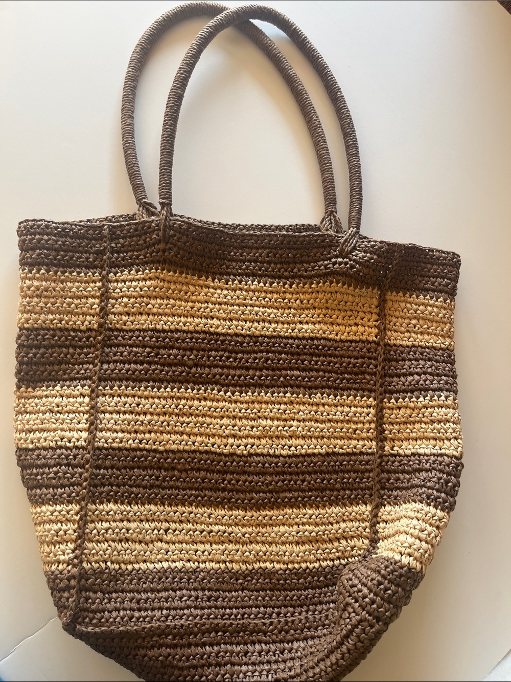 J Crew Striped Brown and Cream Woven Tote Bag